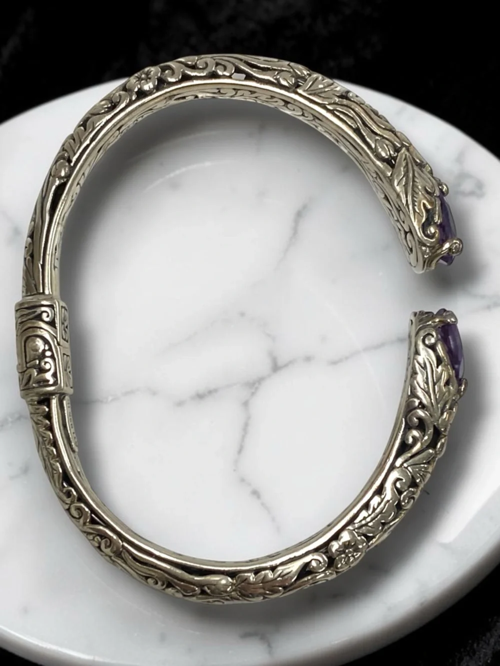 Estate Embossed Sterling Silver 925 Amethyst Cuff Hinged Bangle Bracelet! - Picture 14 of 16